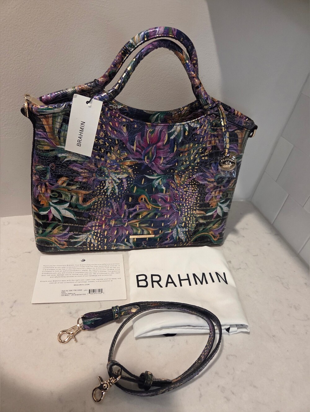 NWT Brahmin Elaine Visionary Purple Floral Satchel Double Handles Zip Dustbag